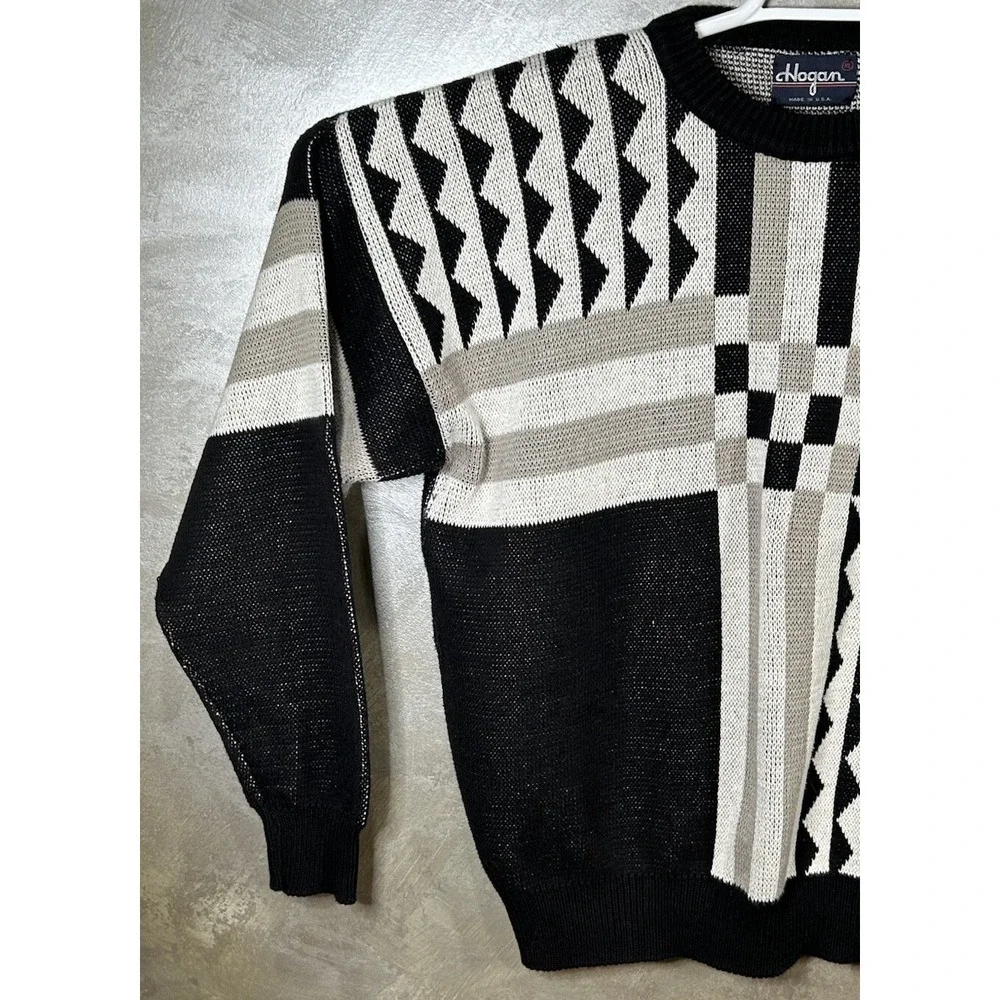 Ben Hogan Sweater‎ Mens Size XL Golf USA Geometric Print Black White Tan Cotton
